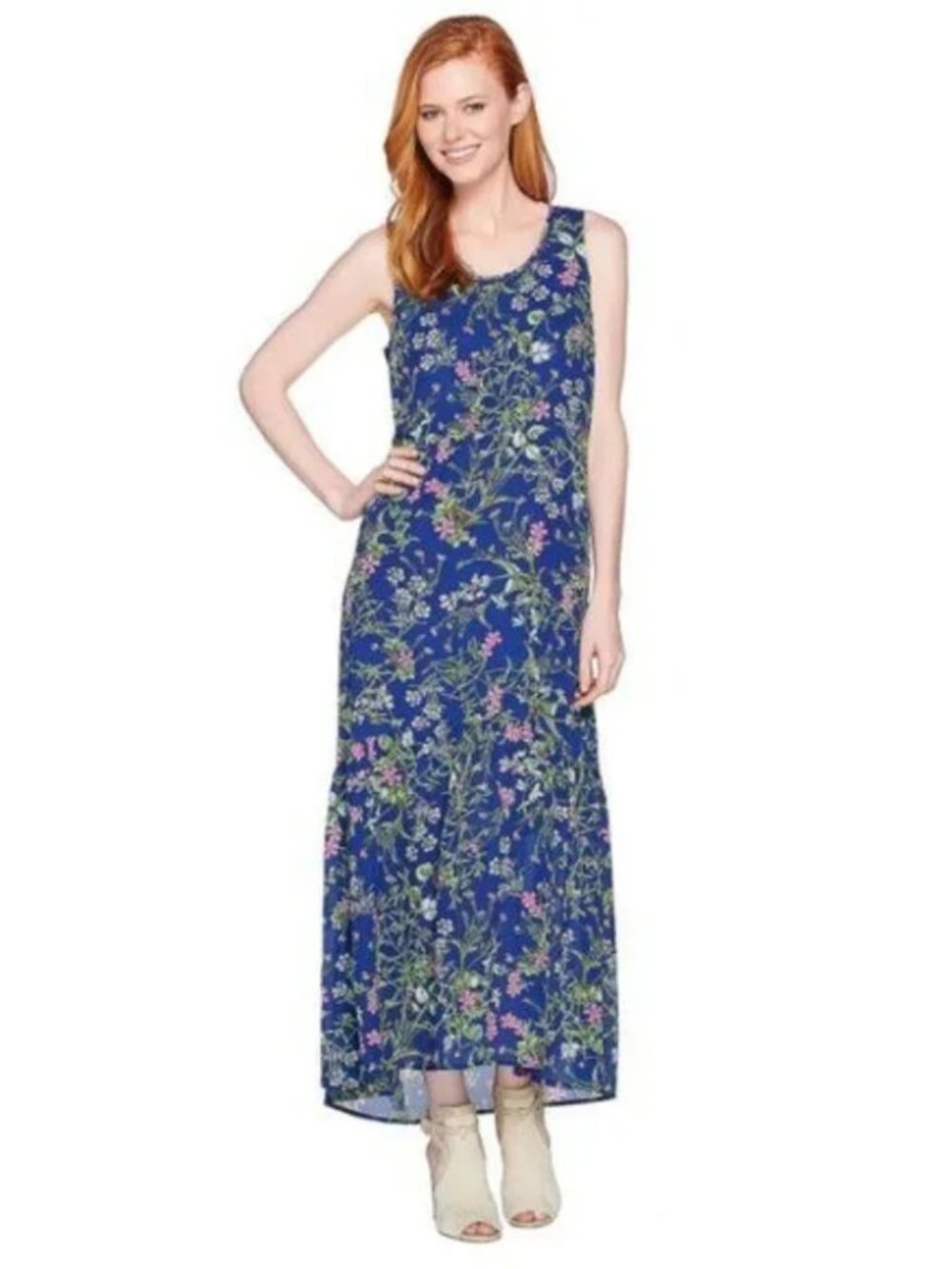 C Wonder Blue Botanical Floral Print Cottagecore Boho Sleeveless Maxi Dress